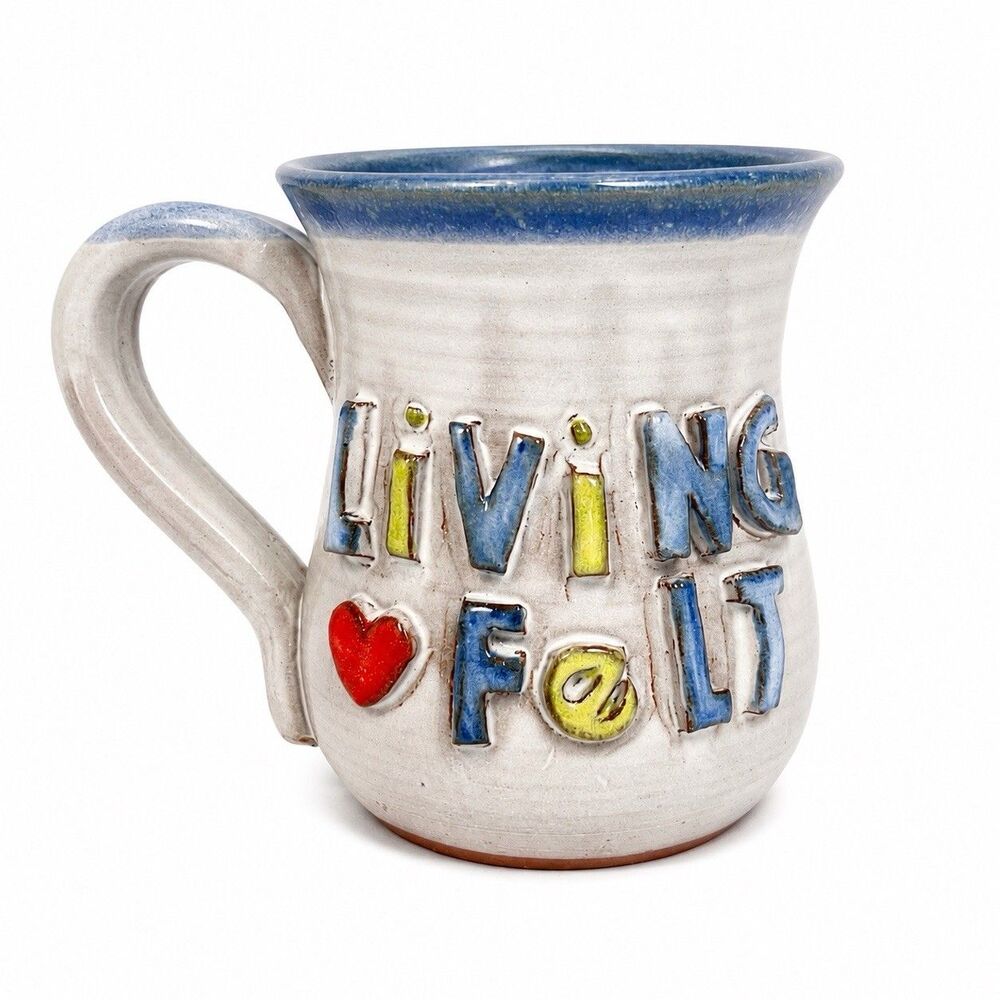 Mudworks Living Folk Handmade Pottery Mug Signed USA Folk Art Coffee Cup